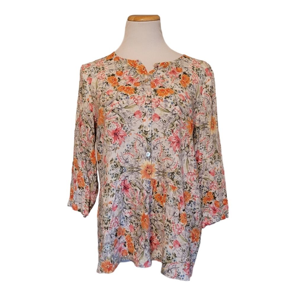 J. Jill Popover Peasant Floral 3/4 Sleeve Blouse Womens  Medium